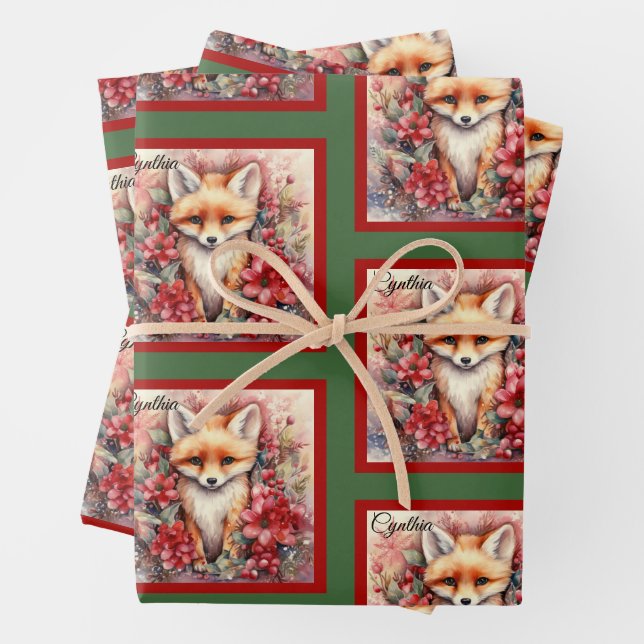 Fox Cute Christmas Add Name Floral Wrapping Paper Sheets (In situ)