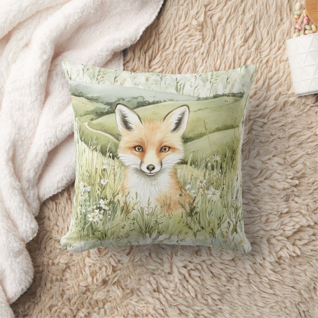 Fox Daisy Flowers Throw Pillow (Blanket)