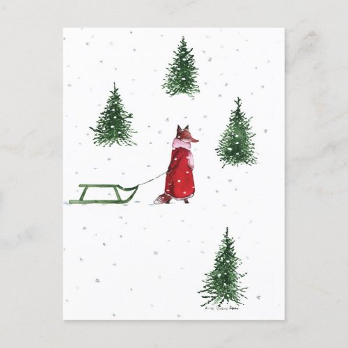 Fox dashing through the snow winter illustration  postcard