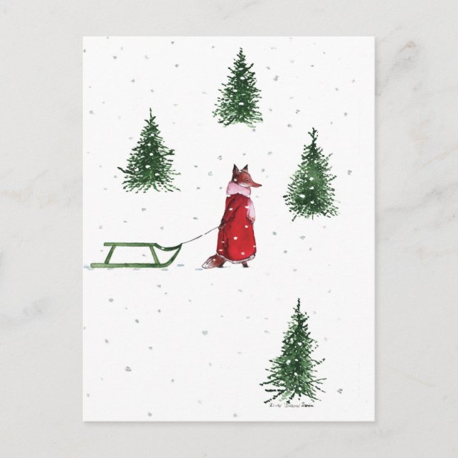 Fox dashing through the snow winter illustration  postcard (Front)