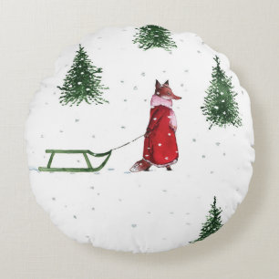 Fox dashing through the snow winter illustration  round pillow