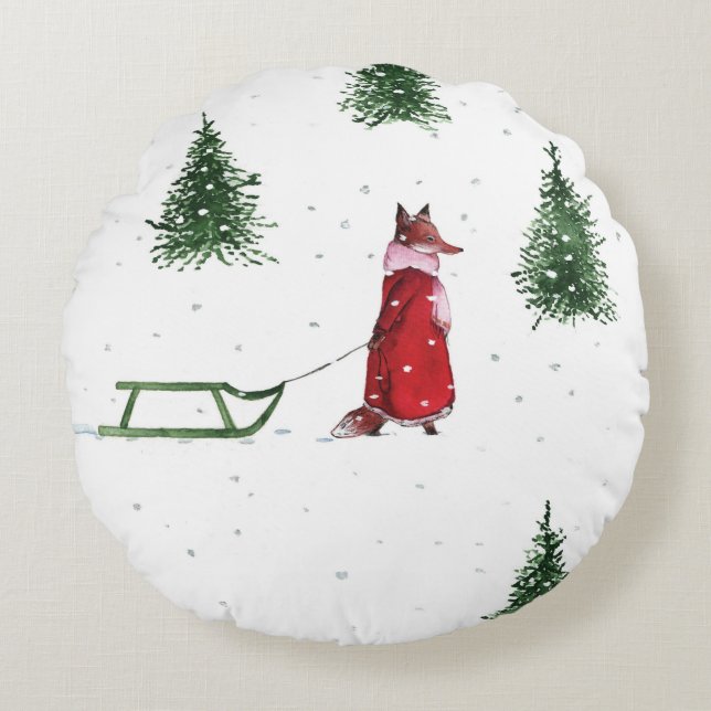 Fox dashing through the snow winter illustration  round pillow (Front)