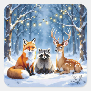 Fox, Deer and Raccoon in Festive Forest Christmas Square Sticker