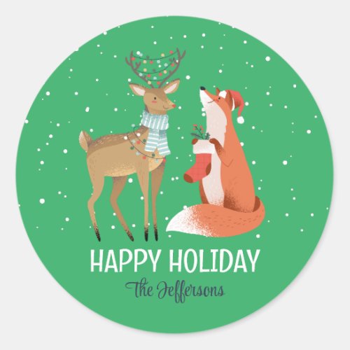 Fox Deer Snowy Winter Holiday Christmas Animal Classic Round Sticker
