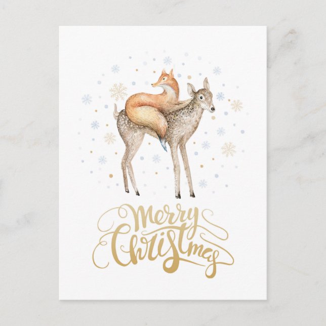 Fox Deer Winter Snow Merry Christmas Holiday Postcard (Front)