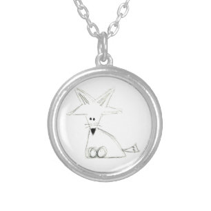 fox doodle black white gray simple kids drawing silver plated necklace