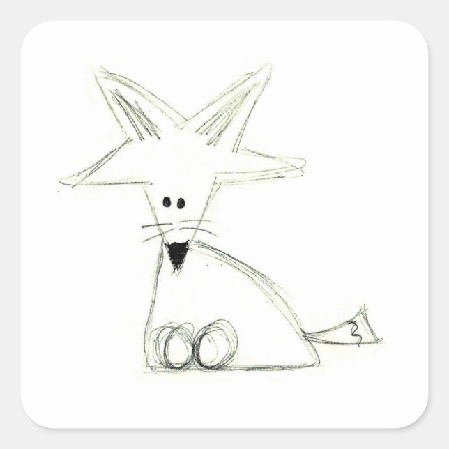 fox doodle black white gray simple kids drawing square sticker (Front)