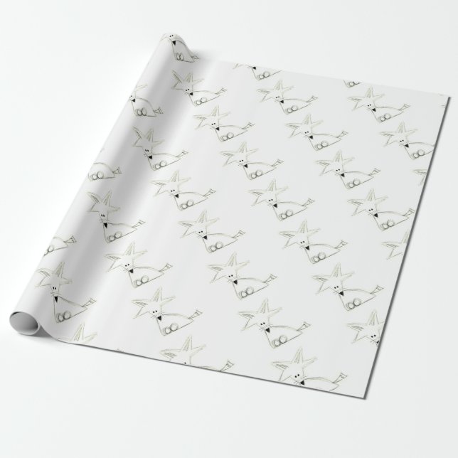 fox doodle black white gray simple kids drawing wrapping paper (Unrolled)