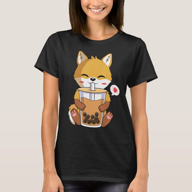 Fox Drinking Boba Bubble Tea Lover T-Shirt (Front)