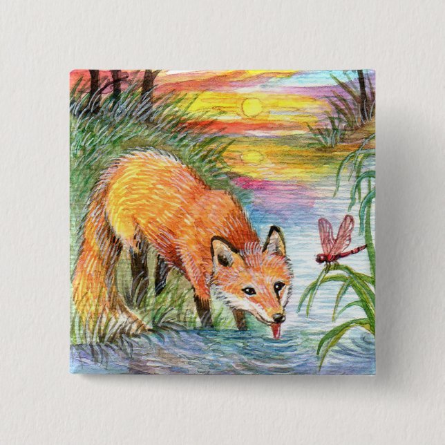 Fox Drinking by Riverside Pinback Button (Front)