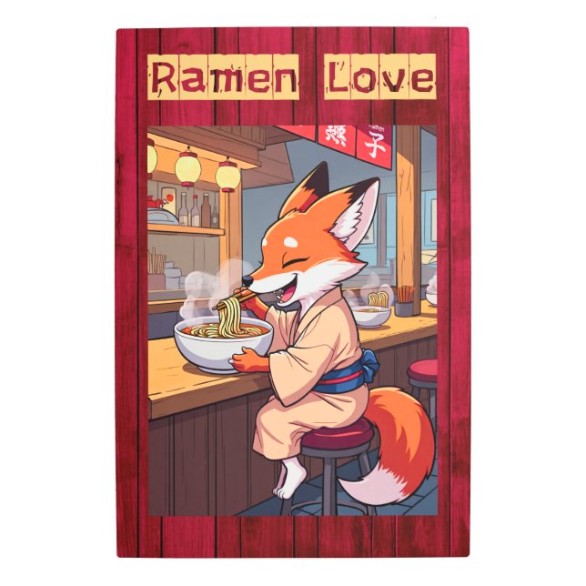 Fox Eating Ramen in Noodle Bar Metal Print (Front)