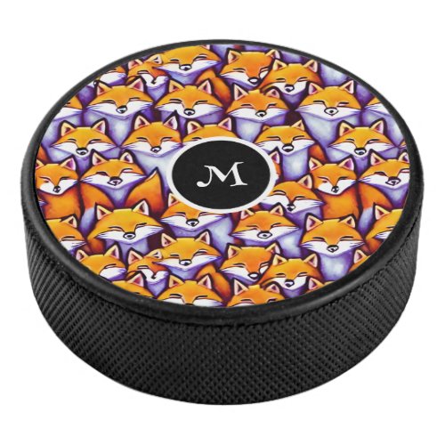 Fox faces doodle pattern vixen pets monogram fun hockey puck