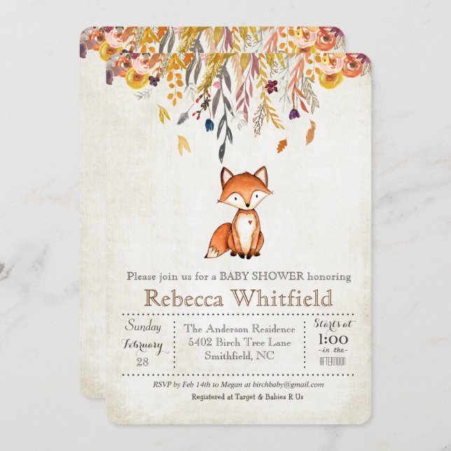 Fox Fall Leaves Pumpkin Baby Shower Invitation (Front/Back)