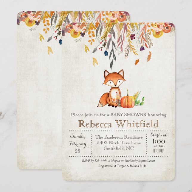 Fox Fall Leaves Pumpkin Baby Shower Invitation (Front/Back)