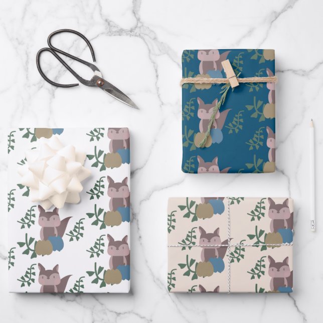 Fox Fall Pumpkins Blue Beige Boho  Wrapping Paper Sheets (Front)