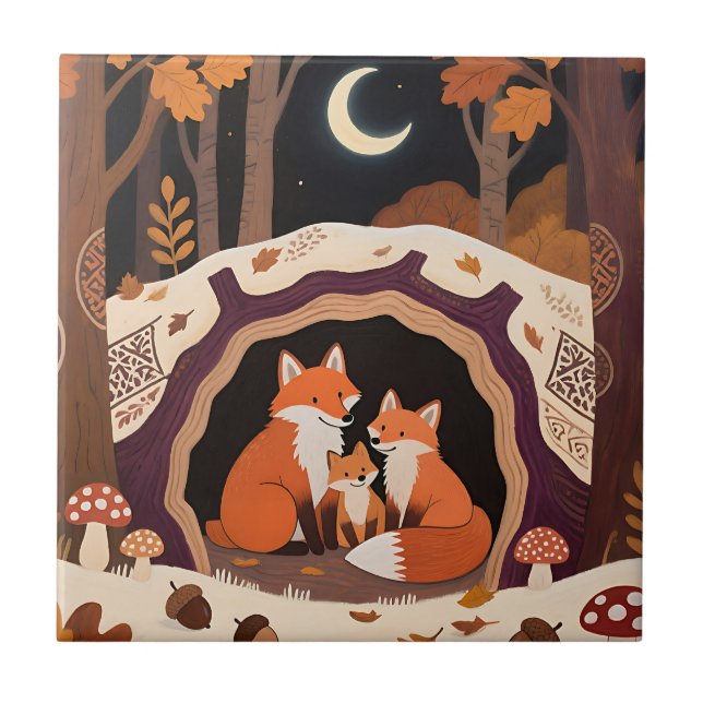 Fox Family Autumn Forest Den Ceramic Tile (Front)