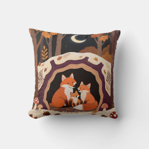 Fox Family Autumn Forest Den Throw Pillow