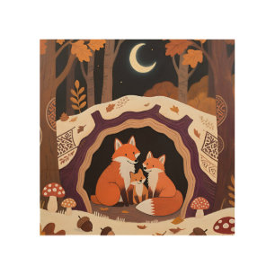 Fox Family Autumn Forest Den Wood Wall Art