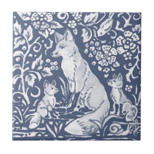 Fox Family Blue White Woodland Forest Denim Ceramic Tile