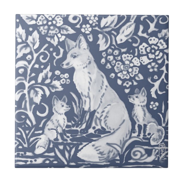 Fox Family Blue White Woodland Forest Denim Ceramic Tile (Front)