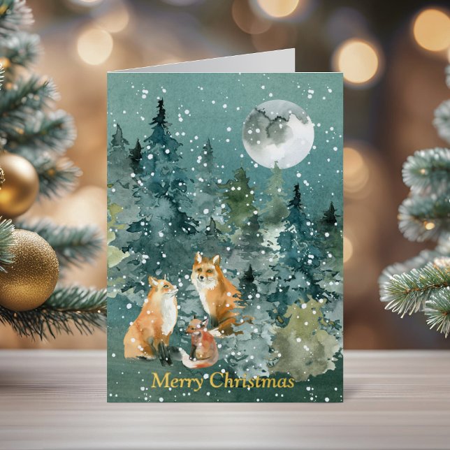 Fox Family Cozy Woodland Christmas Foil Greeting Card (Fox Family in Forest Full Moon Snowfall Watercolor Foil Greeting Card)
