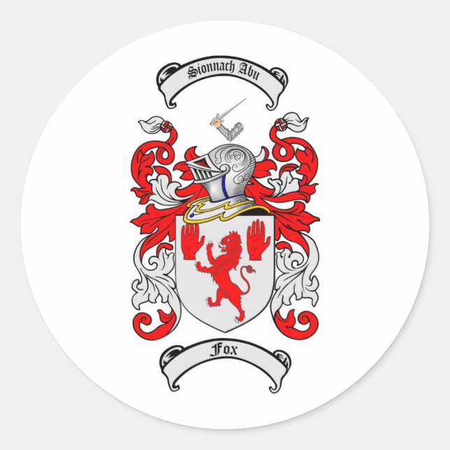 FOX FAMILY CREST -  FOX COAT OF ARMS CLASSIC ROUND STICKER (Front)