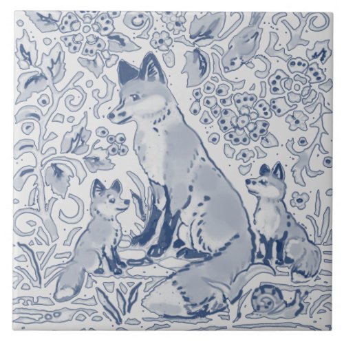 Fox Family Denim Blue White  Gray Woodland Ceramic Tile