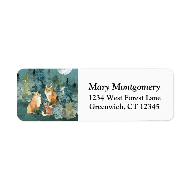 Fox Family Forest Full Moon Address Label (Front)