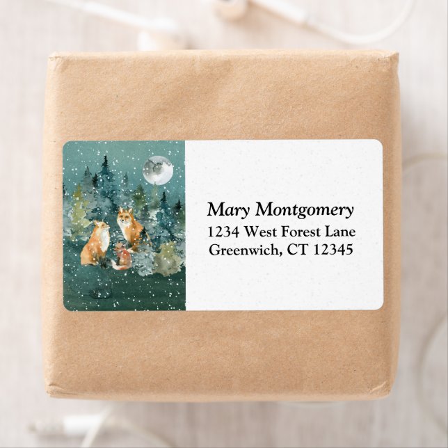 Fox Family Forest Full Moon Snow Address Label (Insitu)