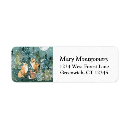 Fox Family Forest Full Moon Snow Return Address Label