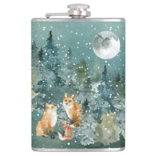Fox Family Forest Full Moon Snowfall Flask