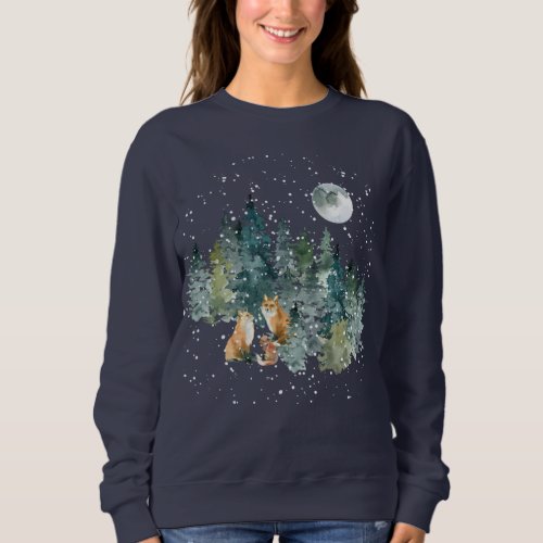 Fox Family Forest Full Moon Snowfall Holiday Sweatshirt