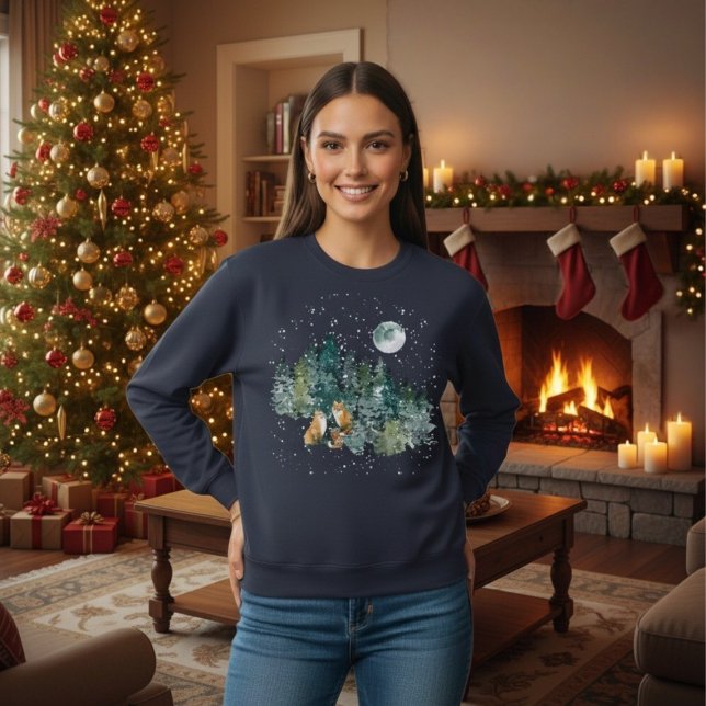 Fox Family Forest Full Moon Snowfall Holiday Sweatshirt (Fox Family Forest Full Moon Snowfall Holiday Sweatshirt)