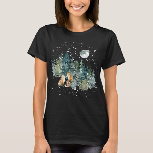 Fox Family Forest Full Moon Snowfall Holiday T_Shirt