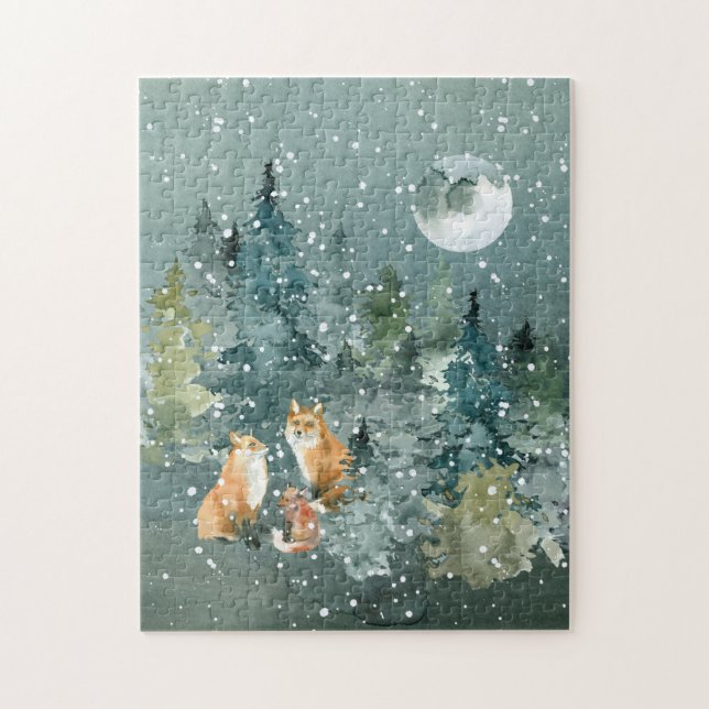 Fox Family Forest Full Moon Snowfall Jigsaw Puzzle (Vertical)