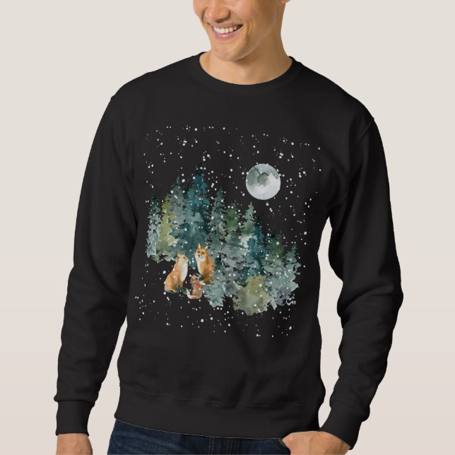 Fox Family Forest Full Moon Snowfall Sweatshirt (Front)