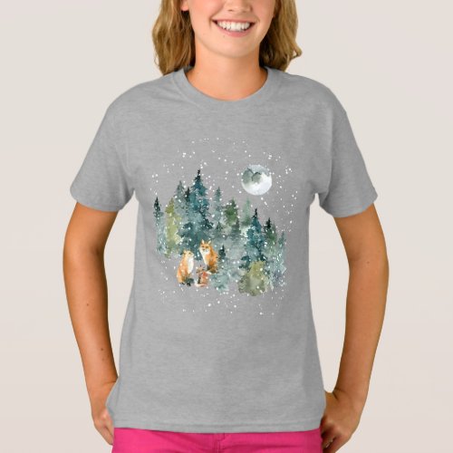 Fox Family Forest Full Moon Snowfall T_Shirt