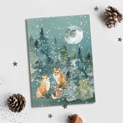 Fox Family Forest Full Moon Snowfall Watercolor Holiday Card
