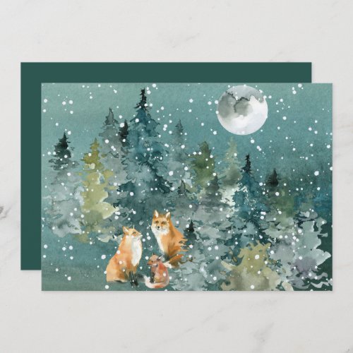Fox Family Forest Full Moon Snowfall Watercolor Holiday Card
