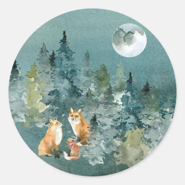 Fox Family in Forest Full Moon Classic Round Sticker (Front)