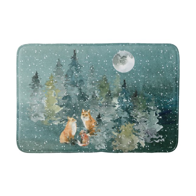 Fox Family in Forest Full Moon Snowfall Bath Mat (Front)