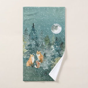 Fox Family in Forest Full Moon Snowfall Bath Towel Set