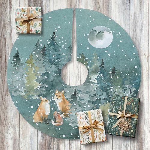 Fox Family in Forest Full Moon Snowfall Brushed Polyester Tree Skirt