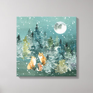 Fox Family in Forest Full Moon Snowfall Canvas Print