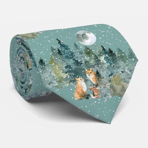 Fox Family in Forest Full Moon Snowfall Christmas Neck Tie