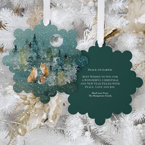 Fox Family in Forest Full Moon Snowfall Christmas Ornament Card