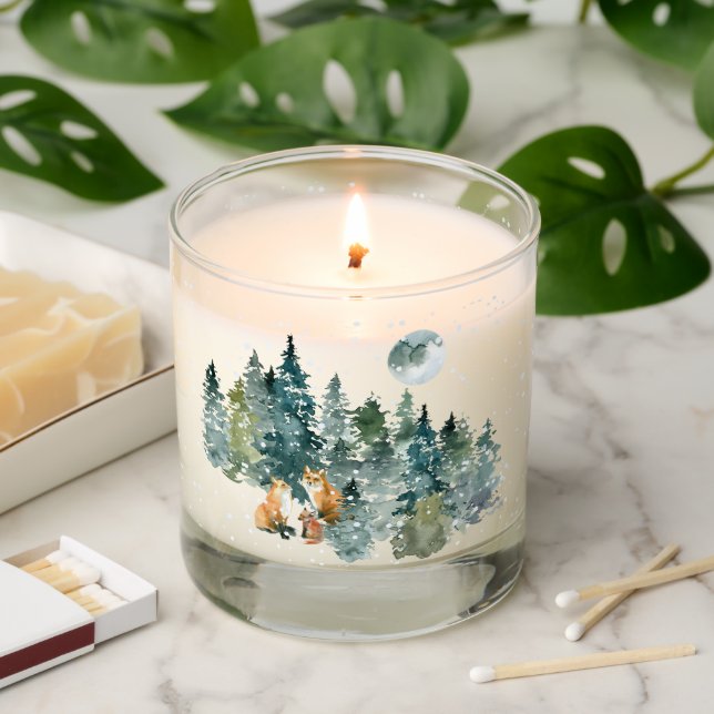 Fox Family in Forest Full Moon Snowfall Christmas Scented Candle (Lit)