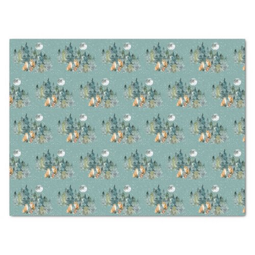 Fox Family in Forest Full Moon Snowfall Christmas Tissue Paper