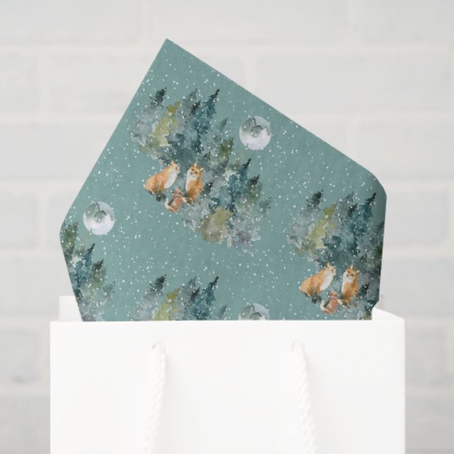 Fox Family in Forest Full Moon Snowfall Christmas Tissue Paper (Gift Bag)