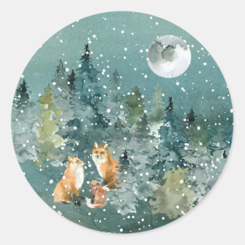 Fox Family in Forest Full Moon Snowfall Classic Round Sticker